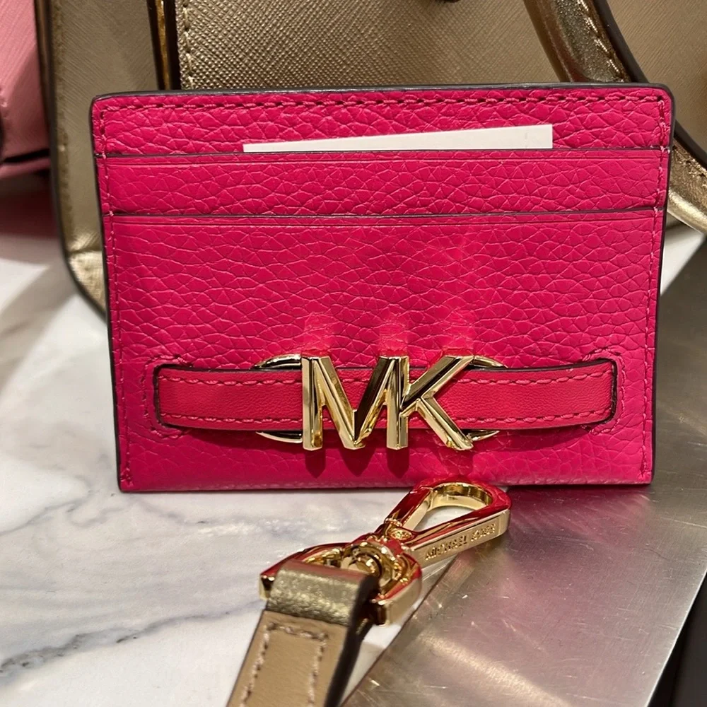 MICHAEL KORS Reed Large Pebbled Leather Card Holder Case Electric Pink  NWT